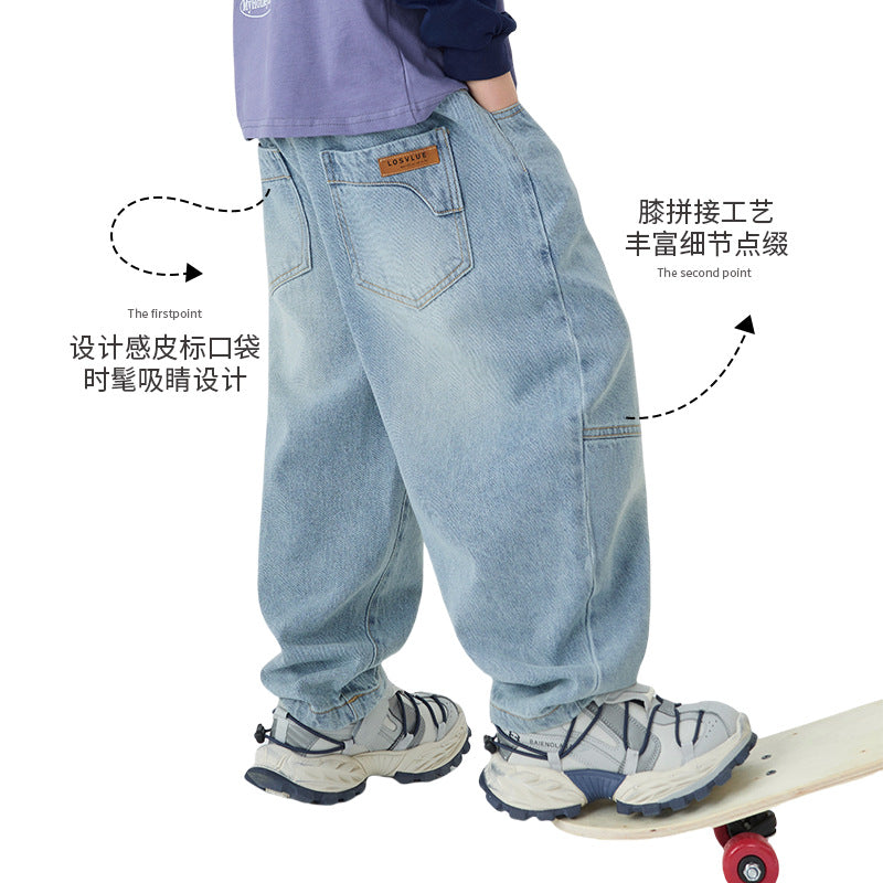 Children's spring new arrivals: light blue vintage denim jeans for boys,  spring/autumn collection, trendy long pants for kids