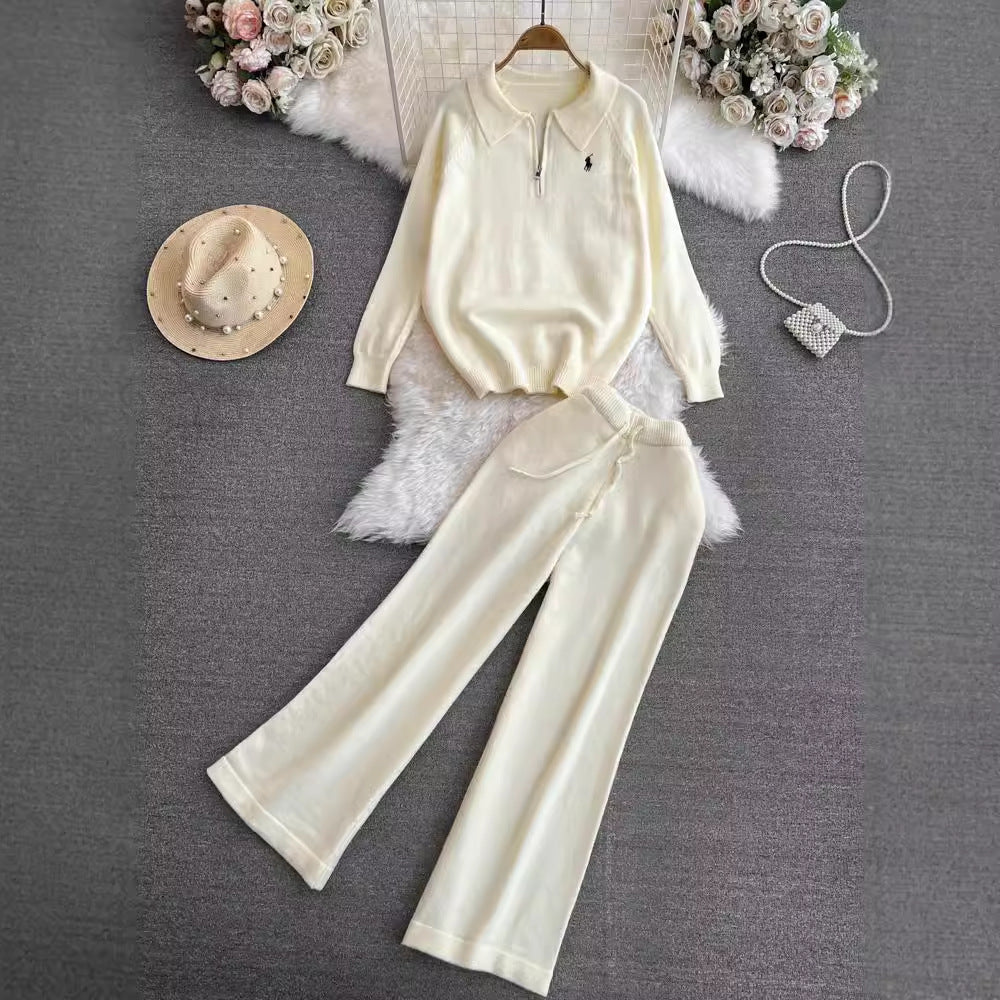 Fashionsuitfemalek-stylelong sleeves lapel looseknitting shirt sweatertwo-piece setcasualhigh waiststraight-legloose pants