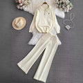 Fashionsuitfemalek-stylelong sleeves lapel looseknitting shirt sweatertwo-piece setcasualhigh waiststraight-legloose pants