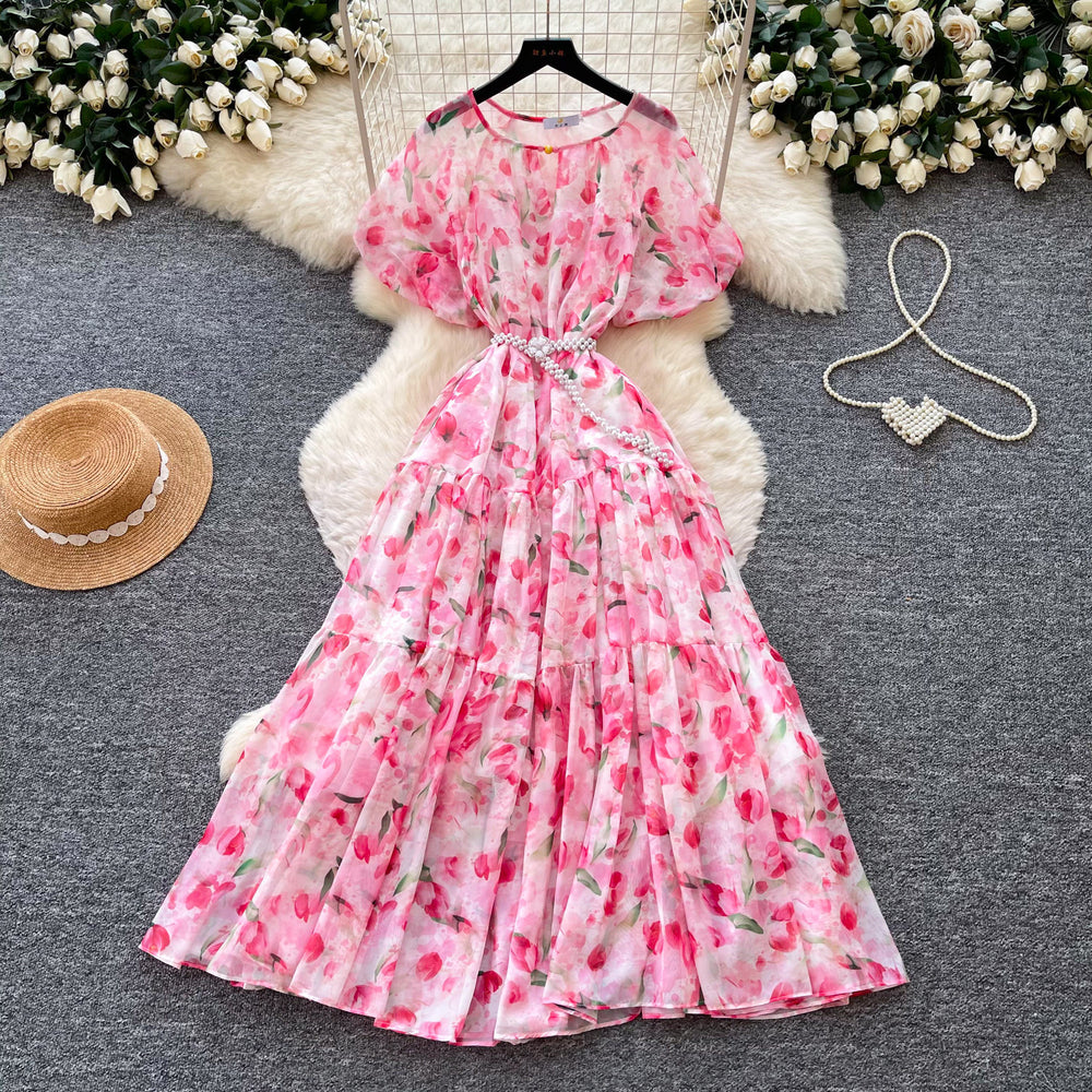 French chic v-neck floral dress - women's summer korean style short sleeve slimming a-line maxi dress - vacation ready