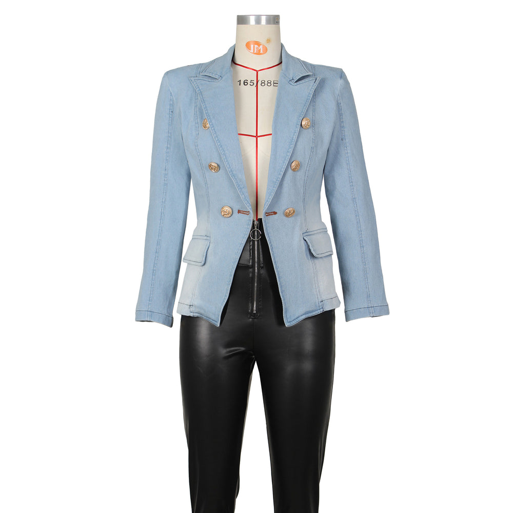 european and american celebrity style slim fit double-breasted denim blazer with lion buckle detail
