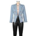 european and american celebrity style slim fit double-breasted denim blazer with lion buckle detail