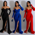 C6797 cross-border   fashion women's solid color pleated backless slit maxi dress