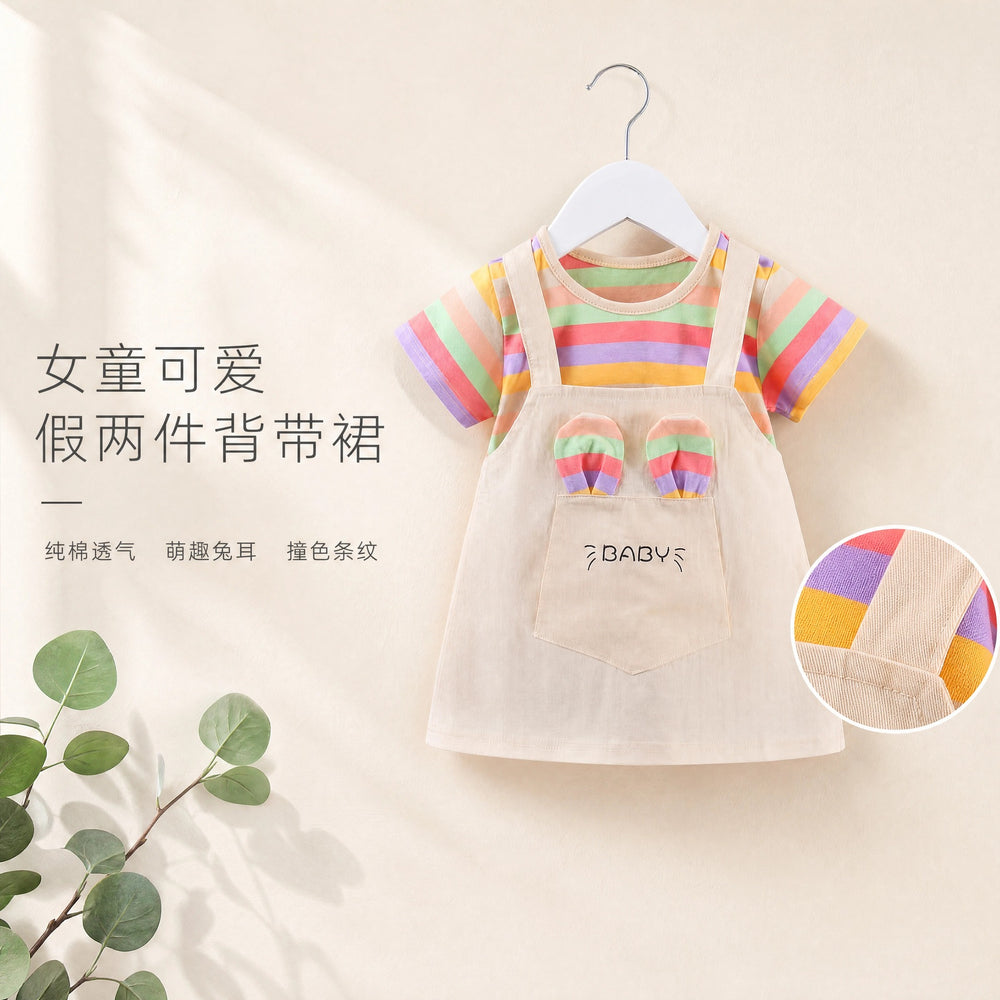 Girls' striped sundress - new summer style, lightweight, short-sleeved, in-stock wholesale