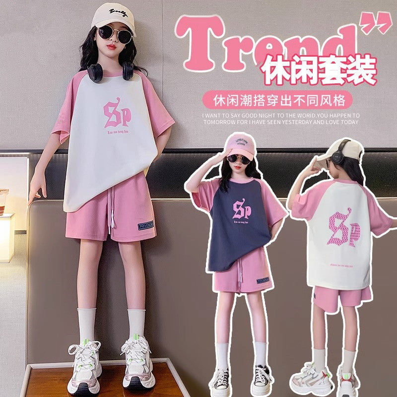 Girls' summer shorts set -  new style kids' short-sleeve fashionable two-piece summer outfit for mid-to-large children, perfect for sports