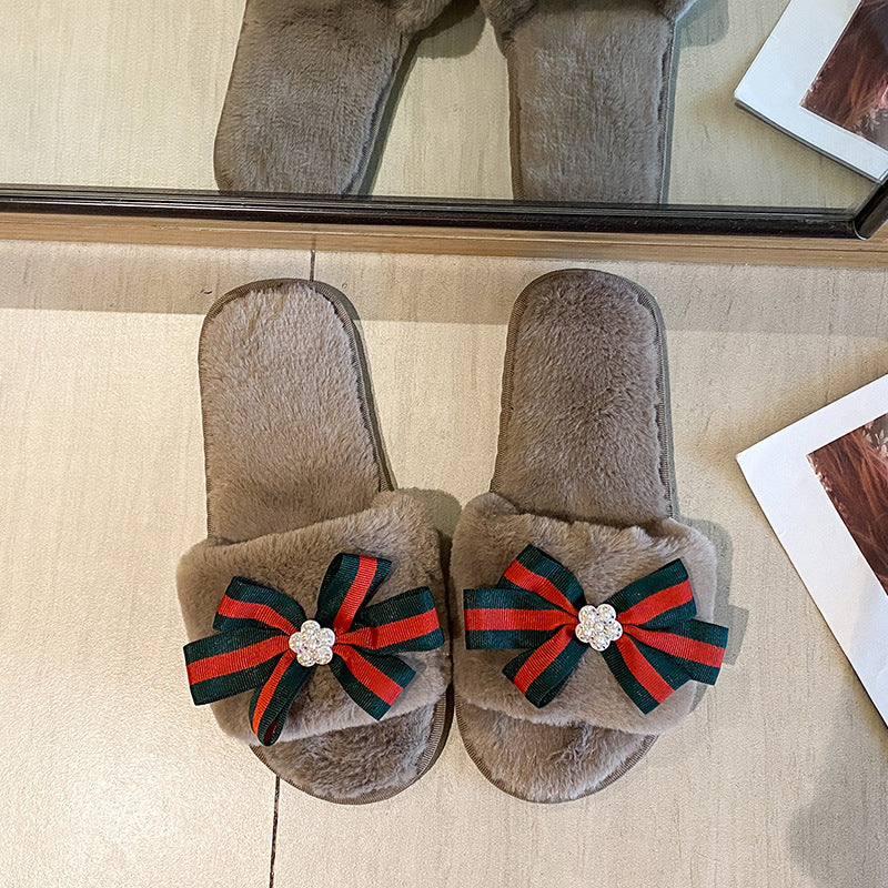 Maomao home slippers women's 2024 fall and winternew arrivalbows cotton slippers women's flatsheattech maternity shoes open toe shoes