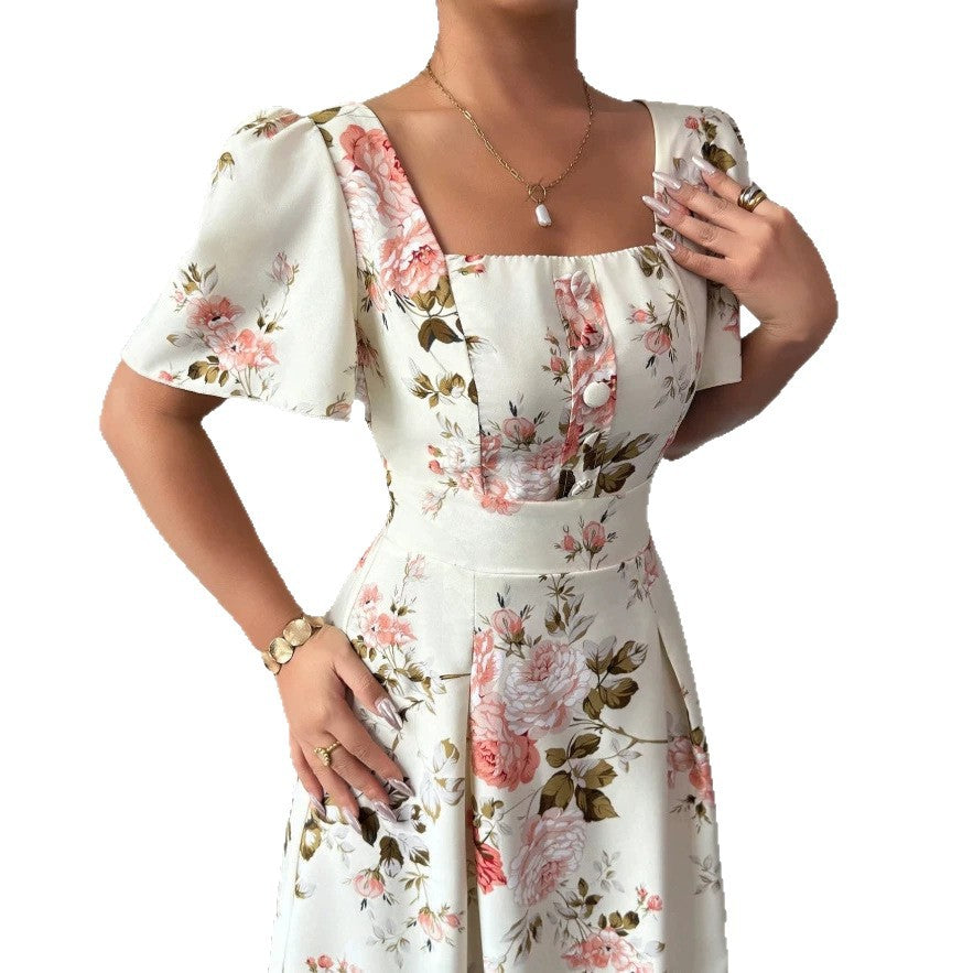 new european and american summer collection: french-style printed square neck bubble sleeve dress with cinched waist