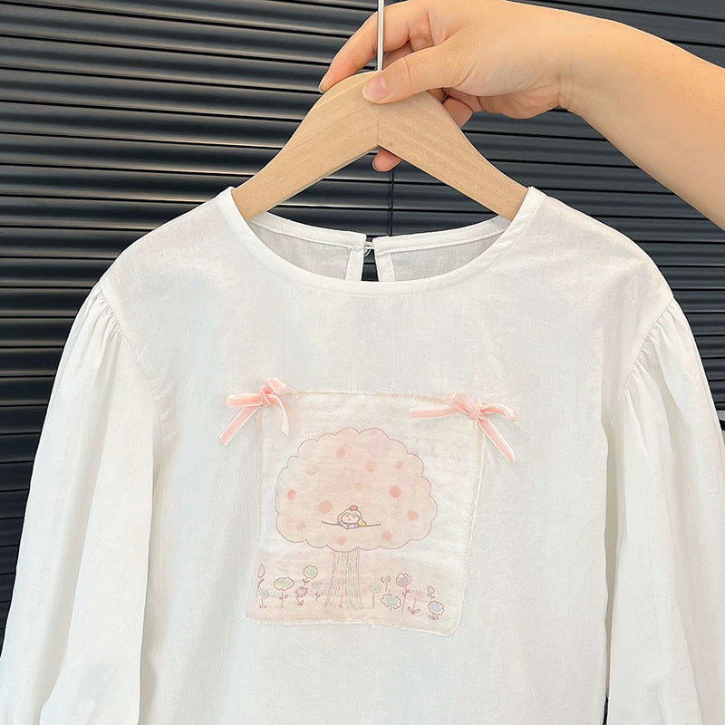 Baby girl's stylish and adorable cartoon shirt top, girls' spring and autumn wear, korean style, skin-friendly pure cotton doll shirt, trendy