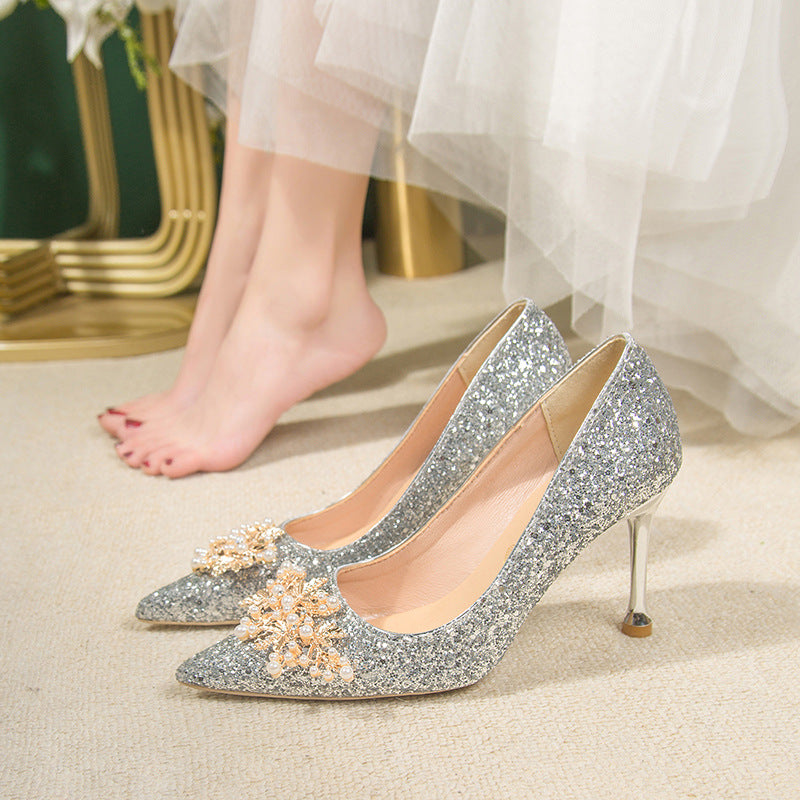 Crystal wedding shoes for women 2023 new arrival gold xiuhe main wedding dress two-wear bridesmaid high heels bridal shoes not tired feet