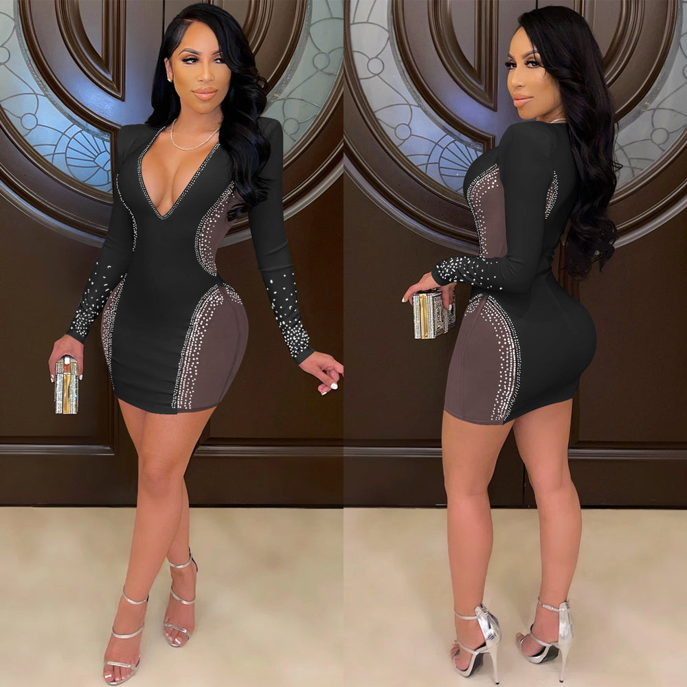X5337 european and american fashion new arrivals   sexy deep v nightclub party dress rhinestone hotfix see-through midi dress