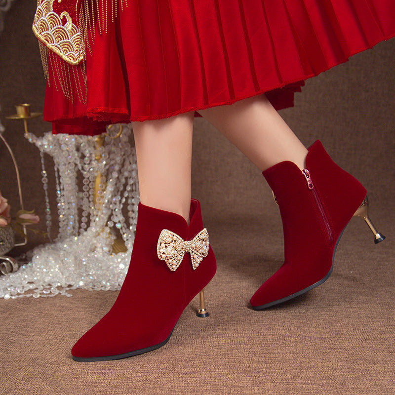 Boots women's outwear 2024 fall and winter style pointed thick heel xiuhe red bridal shoes suede short boots wedding shoes