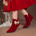 Boots women's outwear 2024 fall and winter style pointed thick heel xiuhe red bridal shoes suede short boots wedding shoes