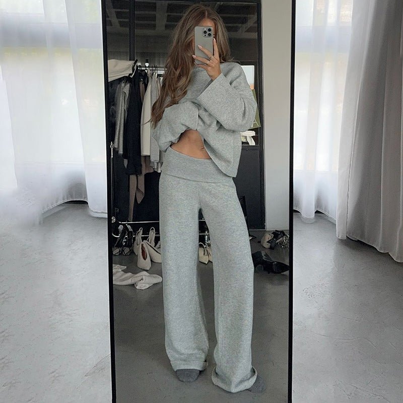 Cross-border fashion casual woolen suit pullover loose top turned waist head straight trousers loungewear two-piece set women