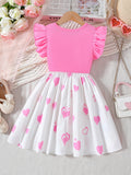 Summer girls' pink flutter sleeve dress with heart print, cartoon bear, cute kids' fashion a-line skirt for export