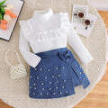 new autumn/winter cross-border girls' high-neck ruffle knit top & heavy-duty denim beaded skirt pants two-piece set