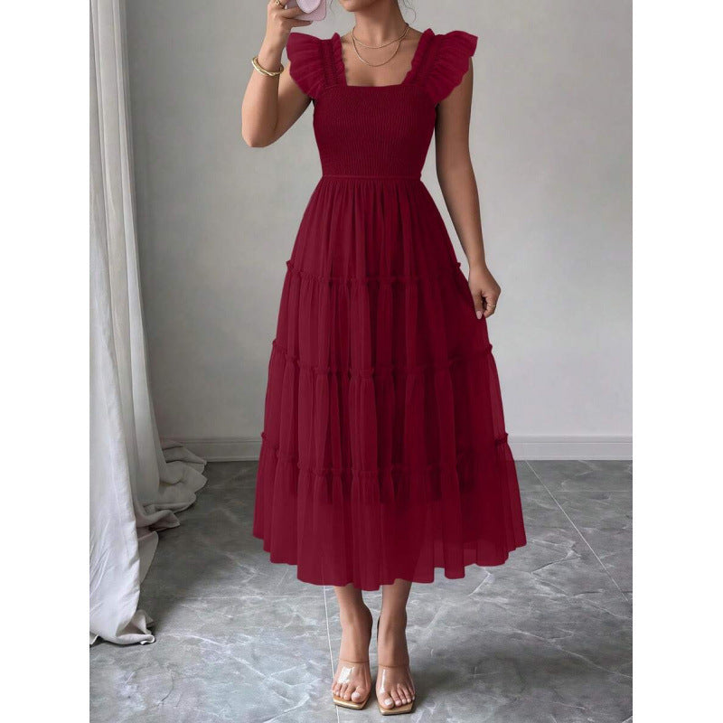 fashion  summer new arrival flying sleeve ruched ruffles vacation elegant mesh dress