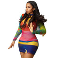 European and american style cross-border printed casual bodycon dress - round neck, long sleeve, colorful new dress for everyday wear