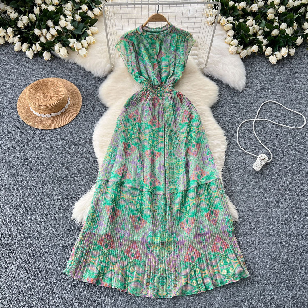 Frenchretroelegancedress women's classy stand collar sleeveless waist slimming look a-line floral pleated chiffon skirt
