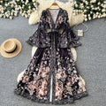 Vintage print v-neck slim-fit dress - women's summer long sleeve tie-waist korean style a-line dress - elegant and chic maxi dress