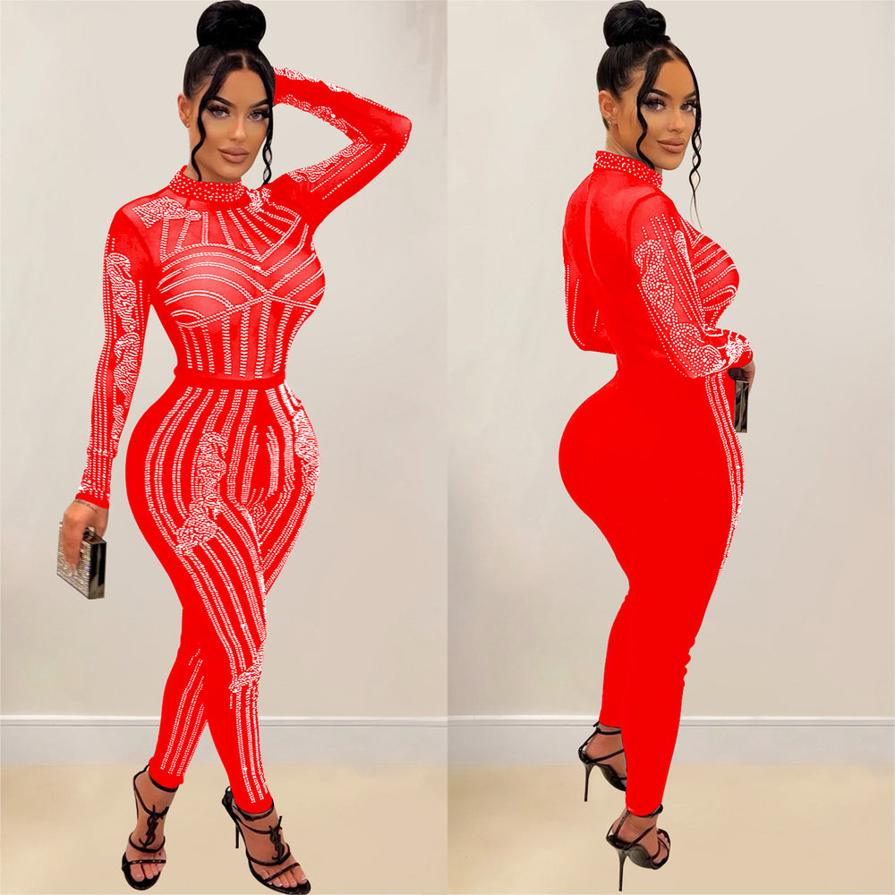 C6247 cross-border   fashion women's solid color mesh rhinestone long sleeve pants jumpsuit