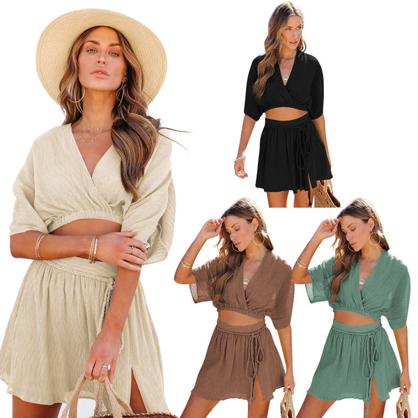 YD8711-C11 European and American women's clothing, 's new models, fashionable and casual V-neck braided rope belt two-piece set