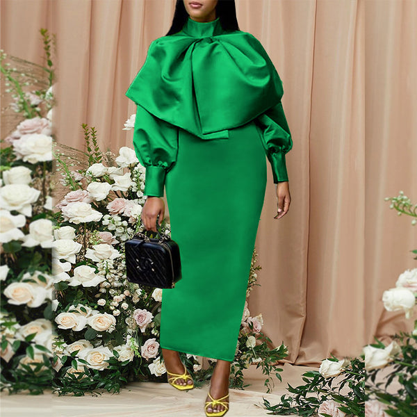 Stand-up collar bow bubble sleeves high waist party dress, women's dress Christmas dress