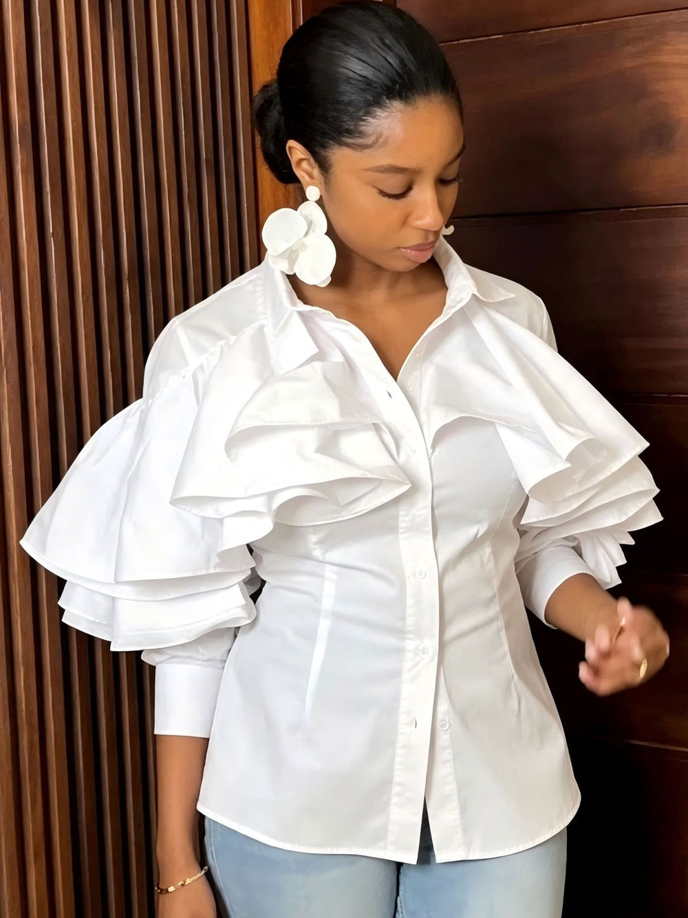 New arrivalfashionsense shirt collar tops multi-layer ruffles waist pure cottonwork clothingeasiest for matchshirt