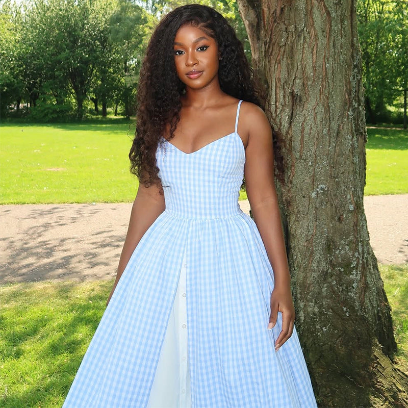 European and american cross-border women's fashion  summer new arrival: elegant, fresh, blue plaid patchwork vacation sundress