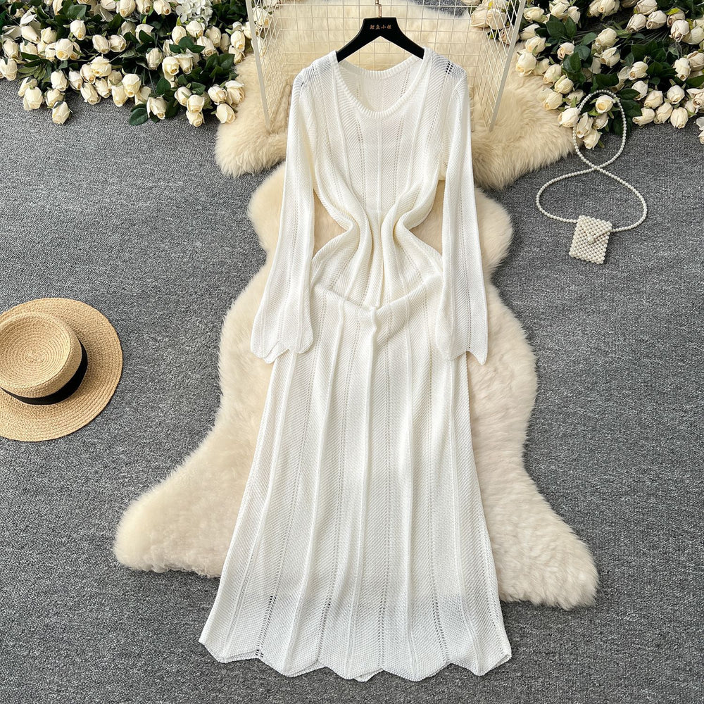 Gentle wind niche styleclassy round neck long sleevescut outknittingdress women's inner suspender skirt layered two-piece set