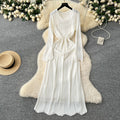Gentle wind niche styleclassy round neck long sleevescut outknittingdress women's inner suspender skirt layered two-piece set