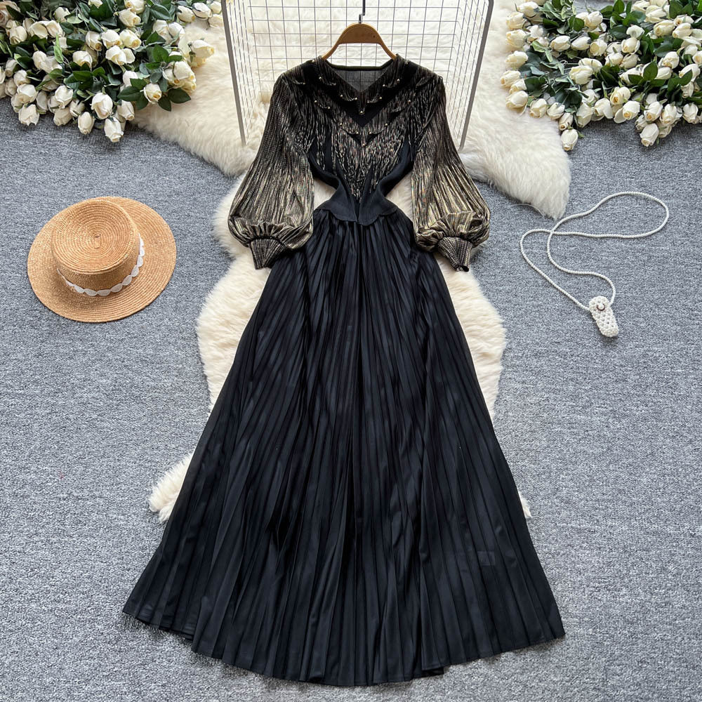 Elegant court-style bubble sleeve dress - women's autumn tassel design, mature and chic, flowy maxi dress