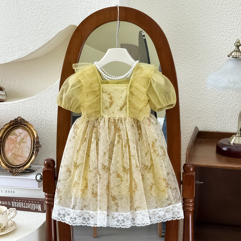 Girls' princess dress -  summer korean style, chic bubble sleeves, fresh floral print dress