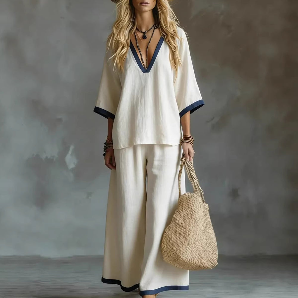 fashion women's summer two-piece set: casual solid color v-neck loose-fit short sleeve top and pants