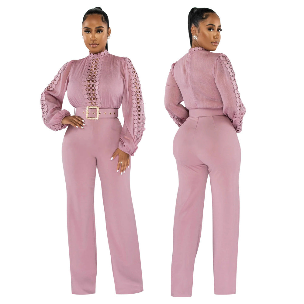CY900533 European and American wish party style turtleneck hollow, perspective long-sleeved top, fashionable loose jumpsuit women