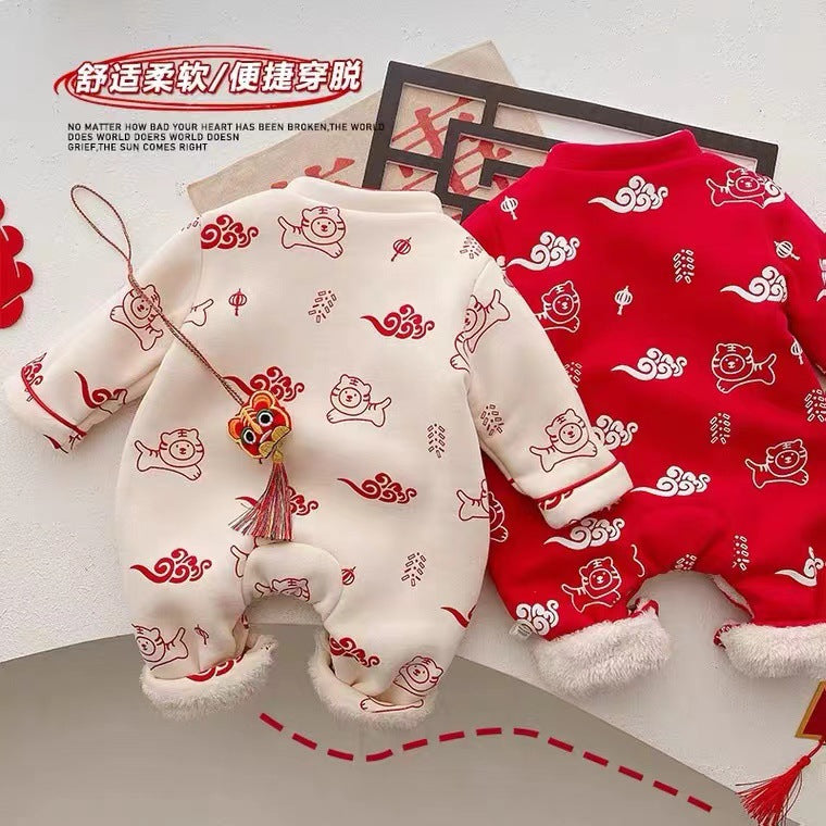 Newborn & infant autumn/winter warm rompers - fleece-lined bodysuits for baby boys & girls - perfect for outdoor wear, full month celebration, and 100-day celebration - trendy styles available
