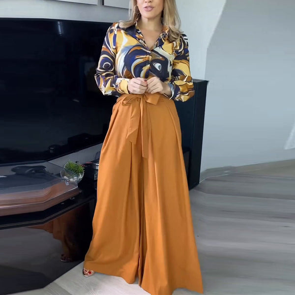 Spot 2024 spring European and American new  women's clothing commuter long-sleeved shirt high-waisted lace-up wide-leg pants set