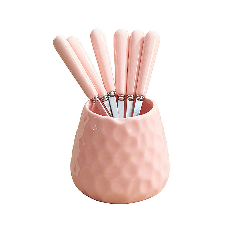 Minimalist style cross-border water cube fruit fork storage jar ceramic handle fruit fork hammered texture high-value jar set