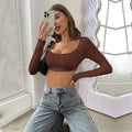 fall/winter new arrival: cross-border european & american style activewear cropped knit high-stretch long sleeve t-shirt top