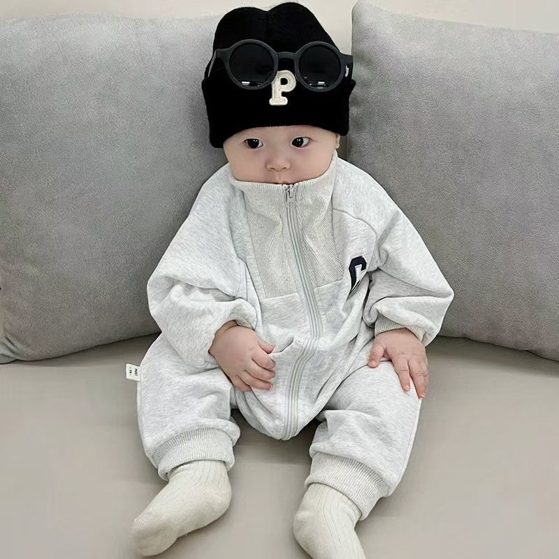 Baby autumn winter baby boy fleece-lined onesie, super cute casual outing outfit, spring and autumn climbing suit