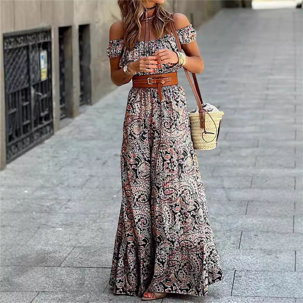 Amazon fashionexportprintingone shoulder princess sleeve high waistsense of designa-linedressfemaleelegantwork clothing