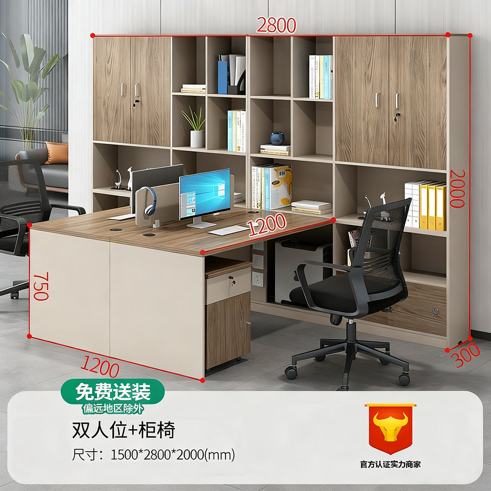 Financial office desk set - executive office desk with high cabinet, two-seat facing configuration for accountants and managers