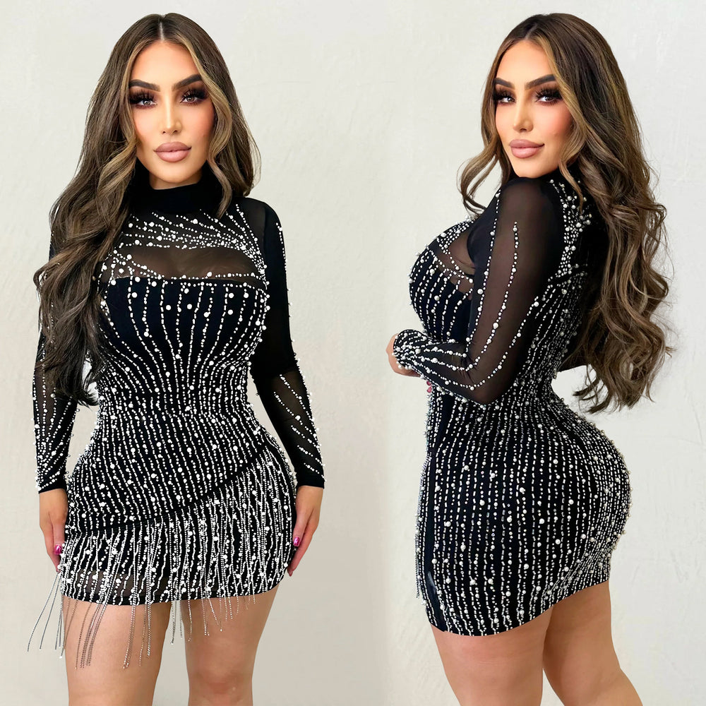 C6381 cross-border   fashion women's long-sleeve mesh rhinestone beaded mini dress