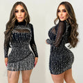 C6381 cross-border   fashion women's long-sleeve mesh rhinestone beaded mini dress