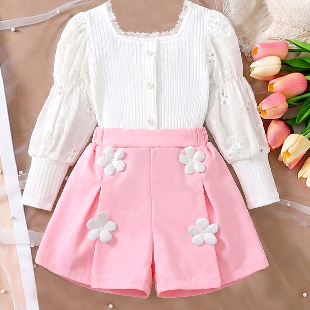 new autumn cross-border girls' square neck puff sleeve top + 3d floral hem butterfly shorts set