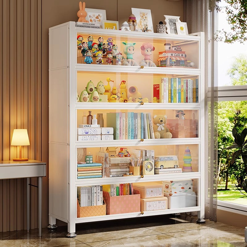 Steel bookcase glass door bookshelf for home living room storage cabinet floor-standing dust-proof figure display cabinet iron storage rack