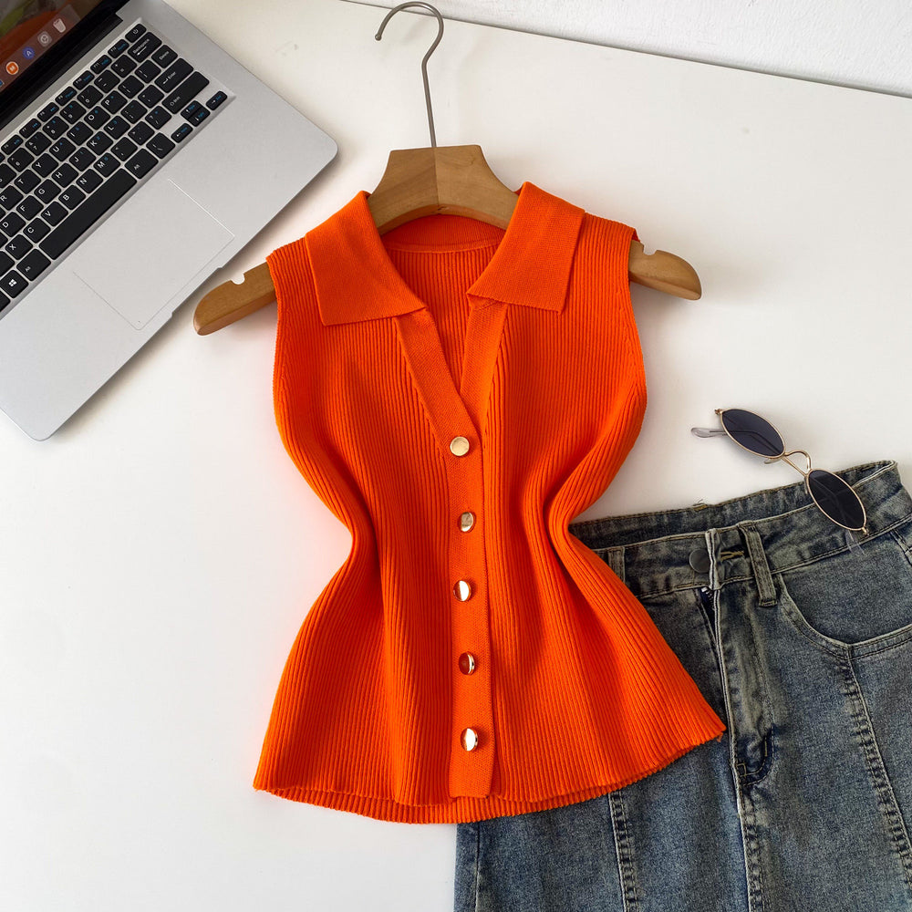 Light mature style sense of design lapel sleeveless knitting vest women's summerkorean style single breasted silm thin tops multi-color