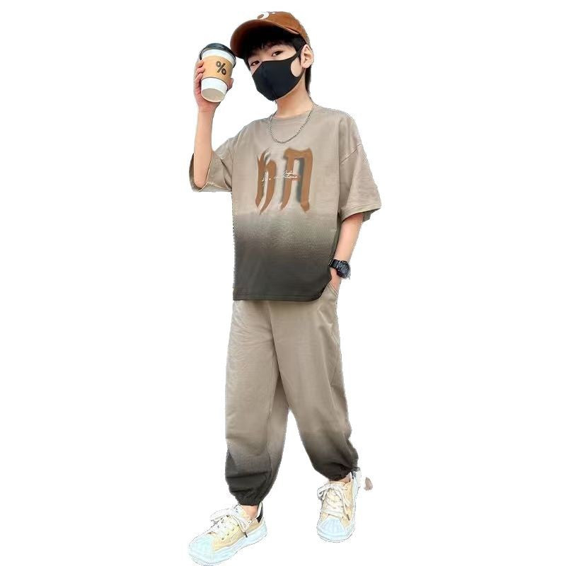 Boys' summer short-sleeve and pants set,  new style, mid-to-large children's activewear, kids' summer lightweight two-piece outfit