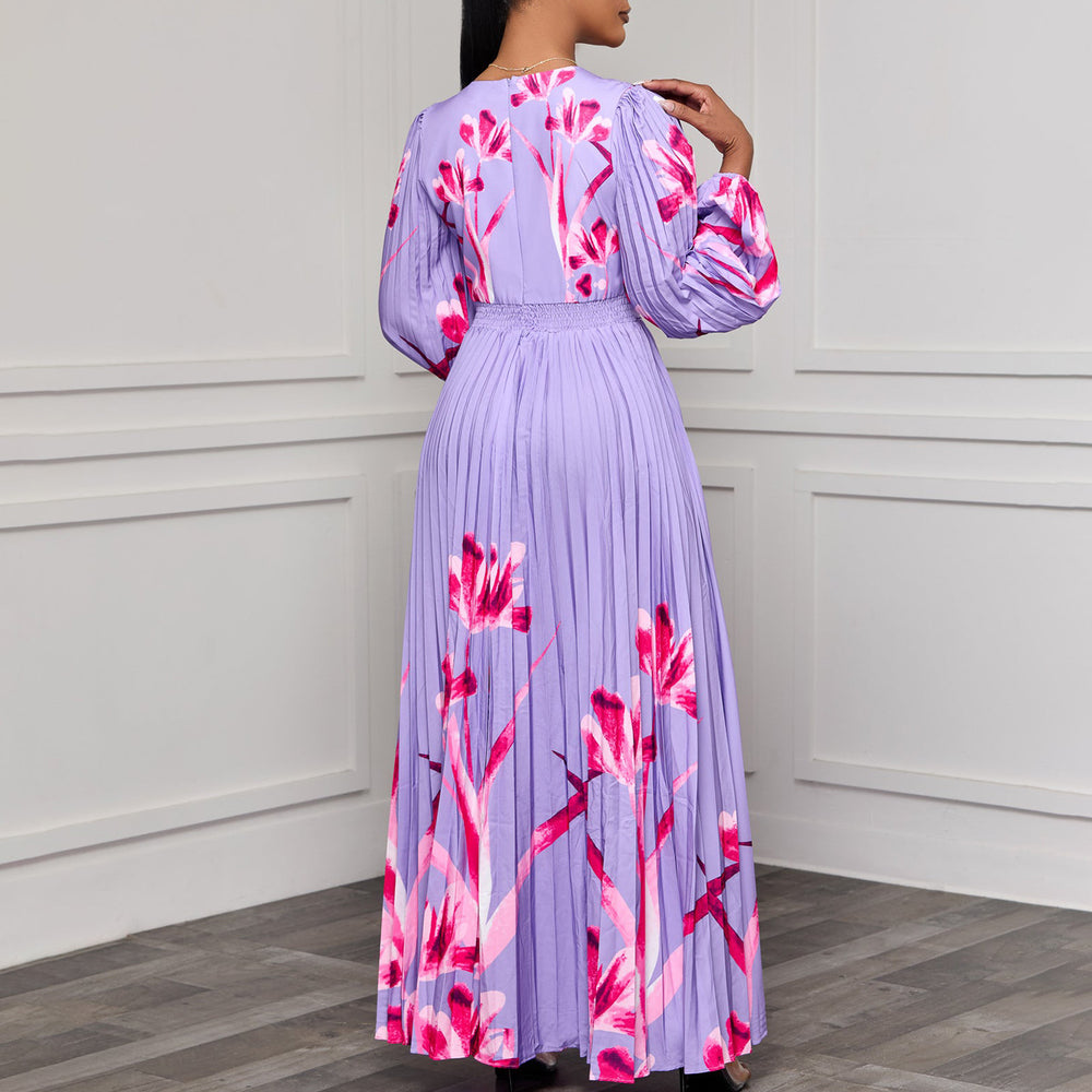 C8582 cross-border new arrival  women's v-neck long sleeve slim-fit printed pleated maxi dress - elegant export dress