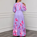 C8582 cross-border new arrival  women's v-neck long sleeve slim-fit printed pleated maxi dress - elegant export dress