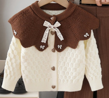 Kids' knit sweater cardigan with oversized collar -  autumn new arrival - two-piece set for little girls: cardigan and pants